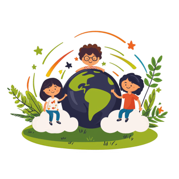 Children engaging with the world, surrounded by clouds and greenery, symbolizing unity and care for the environment. png