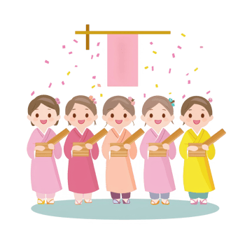 Colorful illustration of five girls in traditional attire, celebrating with festive banners and confetti in a joyful atmosphere. png