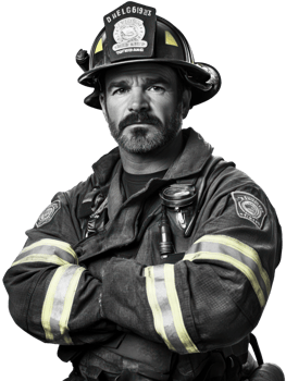 Monochrome Portrait Of A Firefighter In Uniform With Helmet And Stern Expression On Transparent Background png