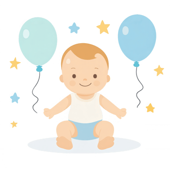Cute baby boy sitting with balloons and stars around, cheerful and adorable expression, perfect for celebrations, birthdays, and joyful moments. png