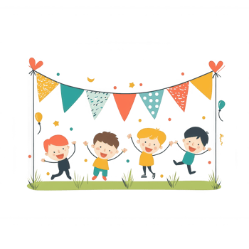 Four cheerful children celebrating at a party with colorful banners and balloons, exuding joy and happiness amidst festive decorations. png