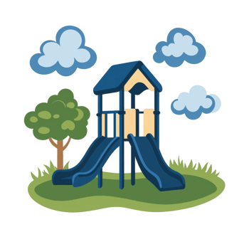 Playground with slides and a tree, surrounded by grass and clouds, a perfect spot for kids to enjoy outdoor fun and play during sunny days. png