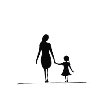 Silhouette of a mother and daughter walking hand in hand, symbolizing love, connection, and family bond, on a white isolated background. png