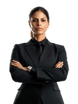 Professional Woman In Black Suit Poses With Crossed Arms In Studio Against Transparent Background png