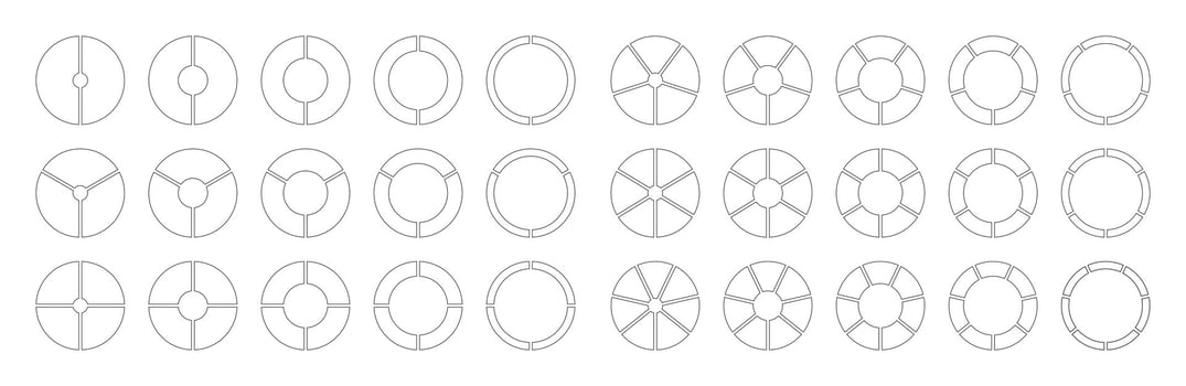 Circle division from 2 to 7 equal parts. Coaching blank. Diagrams with segments. Pie, pizza chart icon. Set of Infographics minimalist. Wheel round divided. Section graph black line art. Donut charts. vector