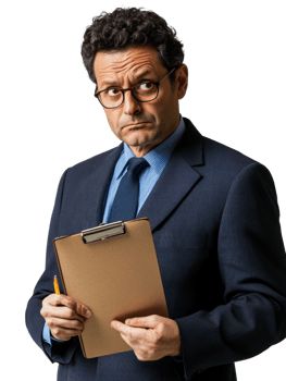 Serious Man with Eyeglasses Holding Clipboard Expressing Doubtful Thoughts on Transparent Background png