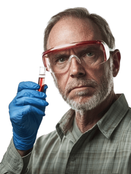Serious Scientist Holding Red Liquid Test Tube Wearing Safety Goggles on Transparent Background png