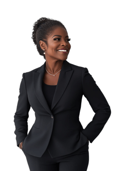 Smiling African American Woman in Black Suit with Hands in Pockets Against Transparent Background png