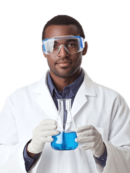 Smiling Black Scientist in White Lab Coat Holding Flask with Blue Liquid Isolated on Transparent Background png