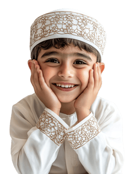 Smiling Boy Portrait in Cream Traditional Outfit with Embroidered Cap on Transparent Background png