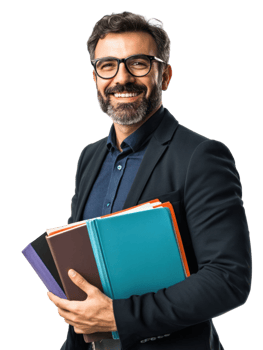 Smiling Man in Formal Suit with Glasses and Beard Holding Colorful Folders Against Transparent Background png