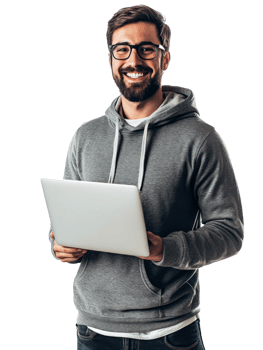 Smiling Man in Gray Hoodie with Eyeglasses Holds Laptop on Transparent Background png