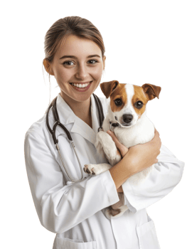 Smiling Woman Doctor in White Coat Holds Happy Dog on Transparent Background png