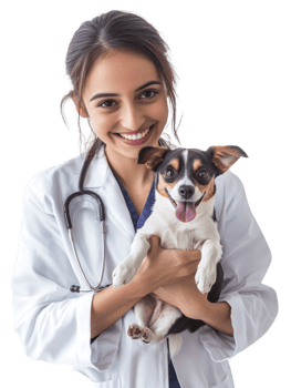 Smiling Woman Vet In White Coat Holding Small Happy Dog With Tongue Out On Transparent Background png
