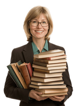 Smiling Woman Wearing Glasses Holds Stacked Books Against A Transparent Background png