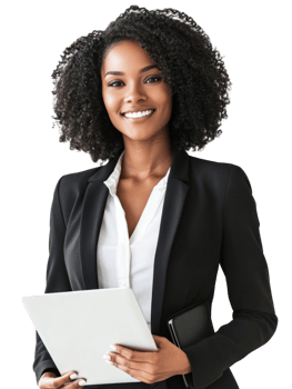 Smiling Young Black Businesswoman Holding Document In Black Formal Suit And White Shirt png