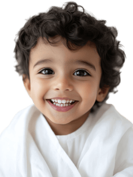 Smiling Young Boy with Curly Dark Hair Wearing White Outfit in Studio Portrait png