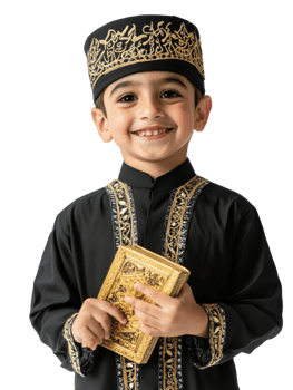 Smiling Young Muslim Boy in Black Traditional Attire Holding Golden Book against Transparent Background png