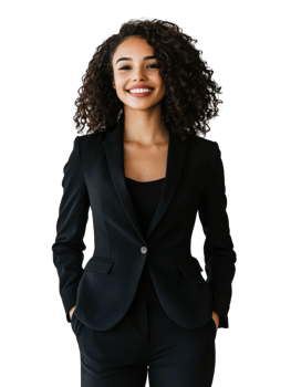 Smiling Young Woman in Black Business Suit with Curly Hair Posing Against a Transparent Background png