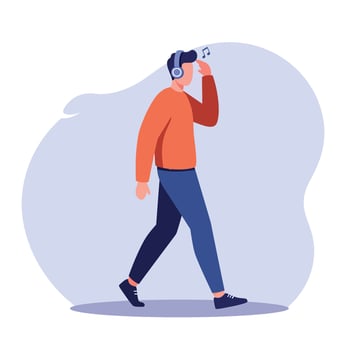 Young man walking and listening to music with headphones in flat modern style illustration vector