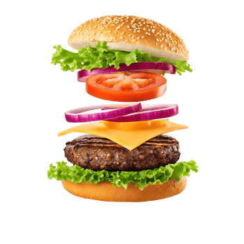 Delicious hamburger with cheese, tomato, onion, and lettuce. png