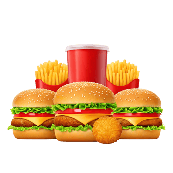 Delicious burgers, fries, and soda combo. png