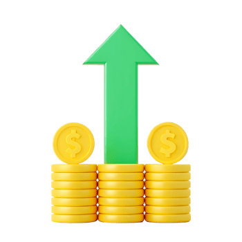 3D rendering of growing money stacks with upward arrow. png