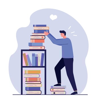 Man organizing tall stack of books on shelf in flat minimal style focused on learning and order illustration vector