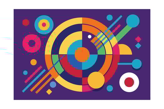 Vibrant Abstract Geometric Composition With Circles And Lines On Purple Background Modern Design Elements Colorful Shapes Creative Graphic vector