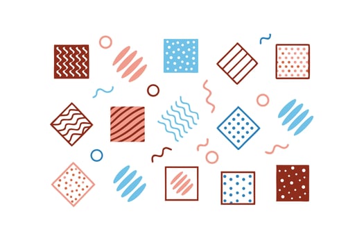 Playful Geometric Pattern With Squares,Circles And Lines In Pastel Colors On White Background,Decorative Abstract Design Element Perfect For Creative Projects vector