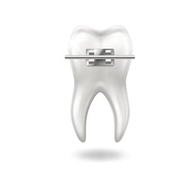 Illustration of a realistic tooth adorned with metal braces representing dental health and orthodontic treatment on a clean white background perfect for medical presentations with copy space. vector