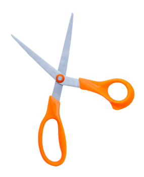 Top view of a pair of multipurpose scissors with orange handle isolated in file format png