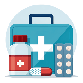 First aid kit with medicine and capsules displayed png