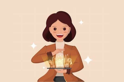Smiling Businesswoman Holding Digital Tablet with Real Estate and Home Insurance Icons Concept of Property Investment. vector