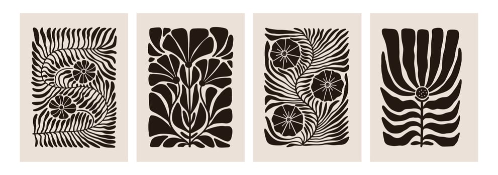 Botanical vintage boho posters set. Trendy abstract floral art. Matisse style minimalist botanical shape. Modern boho flower, leaves doodle design for print, wall art, home decoration. vector