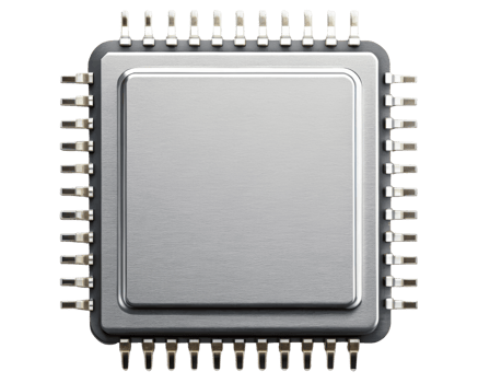 Microchip closeup showing detailed metallic processor pins on a transparent background png
