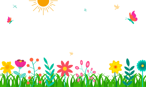 Spring Meadow Illustration. Flowers, Grass, Sun, Butterflies - Cheerful illustration of a spring meadow with colorful flowers, green grass, sun, and butterflies. Transparent background. png