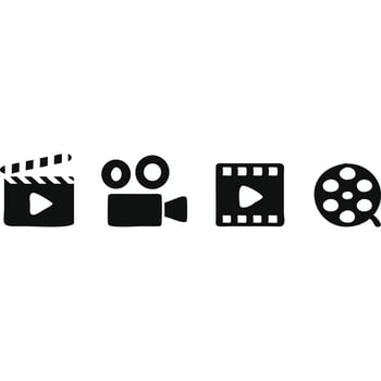 Simple black and white movie icons clapperboard, camera, filmstrip, and film reel. vector