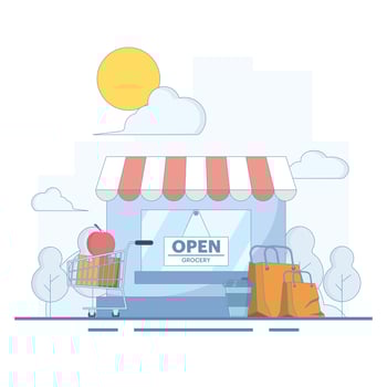 Grocery store concept, apple fruit food packaging, drinks, store display. complete supermarket shopping. shopping with food. supermarket, food from grocery market. Flat design illustration. vector