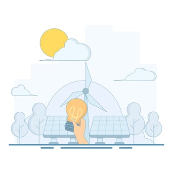 Renewable Energy Concept. with hand holding green leaf light bulb recycling wind solar energy campaign. for website homepage landing page template banner. illustration with flat style vector