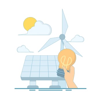Renewable Energy Concept. with hand holding green leaf light bulb recycling wind solar energy campaign. for website homepage landing page template banner. flat illustration vector