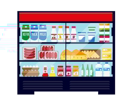 Supermarket refrigerator full of fresh food. vector
