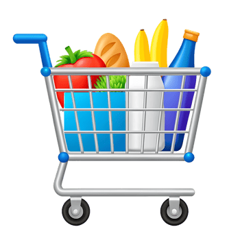 Full shopping cart with groceries. png