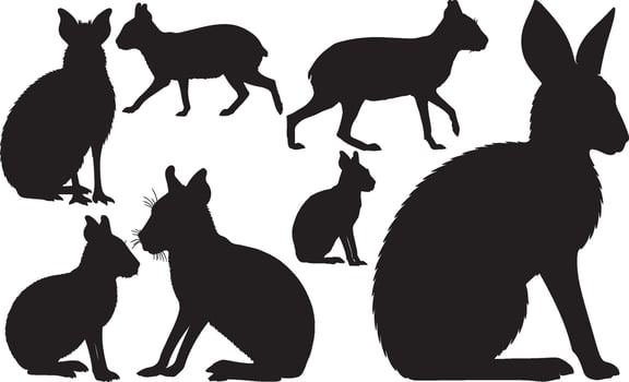 A set of silhouettes of various animals, including a rabbit, a deer, a rabbit, vector