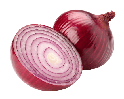 Close up of two red onions, one halved, showing vibrant layers. png