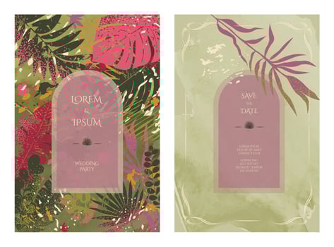 Wedding party invitation template. Tropical theme, suitable for other themed parties. Watercolor textures. vector