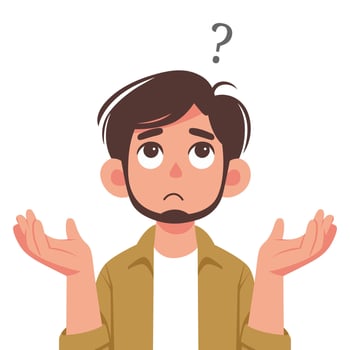 A puzzled man shrugs under a question mark unsure of the situation, cartoon illustration vector