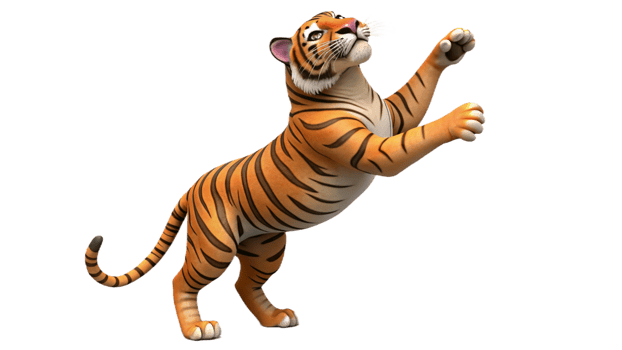 A tiger standing on its hind legs, reaching up with its front paws, isolated on a transparent background png