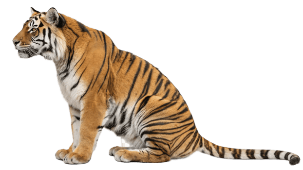A tiger sitting calmly with its tail wrapped around its body, isolated on a transparent background. png
