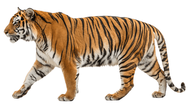 Side profile of a tiger walking with a confident stride, isolated on a transparent background. png